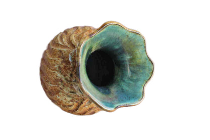 Heavy Stoneware Flower Vase with Deep Wavelike Impressions and Turquoise Interior