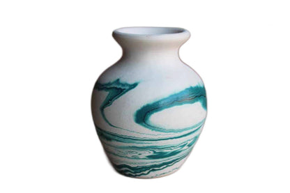 Nemadji Tile and Pottery (Minnesota, USA) Turquoise and Cream Swirled Ceramic Bud Vase