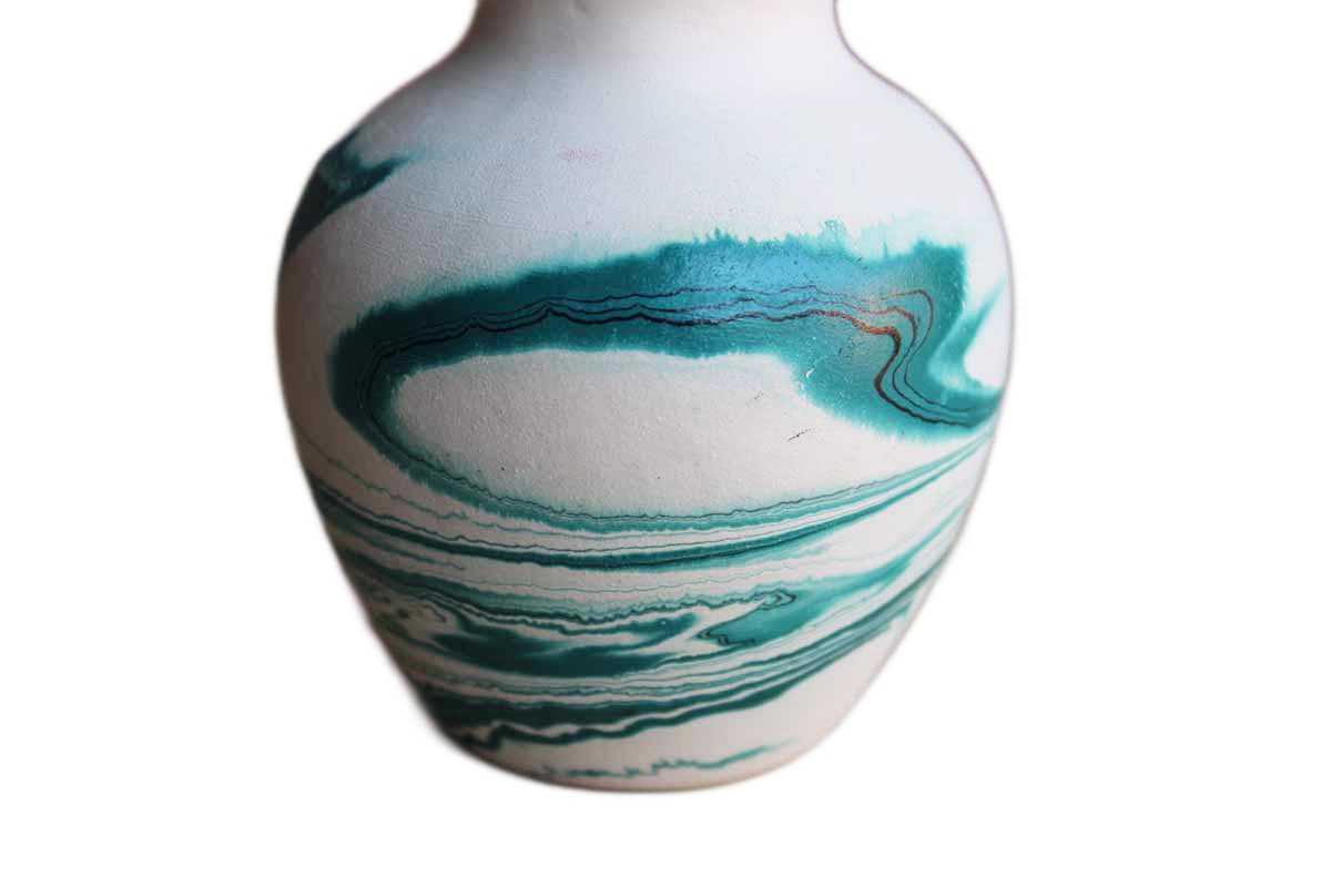Nemadji Tile and Pottery (Minnesota, USA) Turquoise and Cream Swirled Ceramic Bud Vase