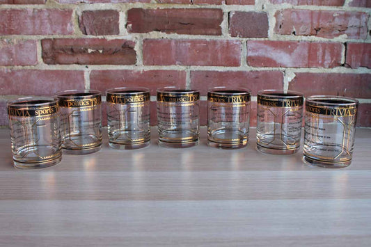 Culver Glass Company (New York, USA) Old Fashioned Glasses with "Trivia" Black and Gold Decoration, 7 Pieces