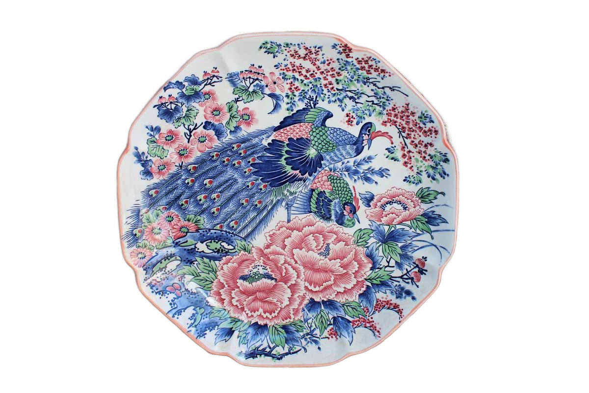 Large Round Platters Decorated with Large Peacocks and Fflowers, Set of 3
