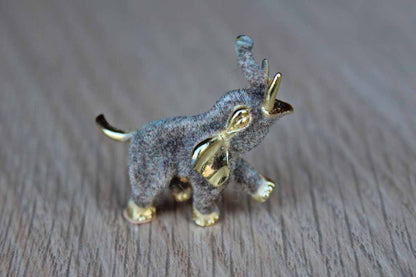 Gold Tone Metal Elephant Brooch with Gray Fuzzy Body