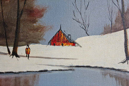 Original Acrylic on Canvas Painting of a Person Walking by a Lake in Winter