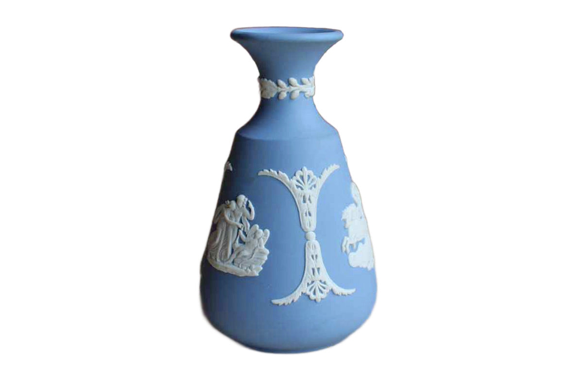 Wedgwood (England) Blue Jasperware "Cupid Asleep," "Aurora," and "Cupid as Oracle" Cameo Bud Vase