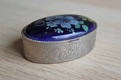Silver Metal Hinged Pill Box with Blue Painted Floral Lid