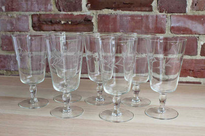 Clear Iced Tea or Water Pedestal Glasses with Etched Vines and Three Impressed Dots, Set of 7