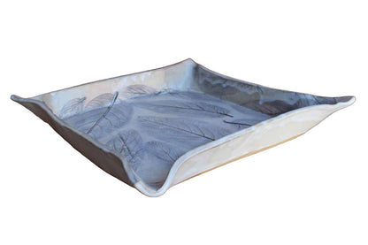 Handmade Square Pottery Tray with Impressed Gray Leaves