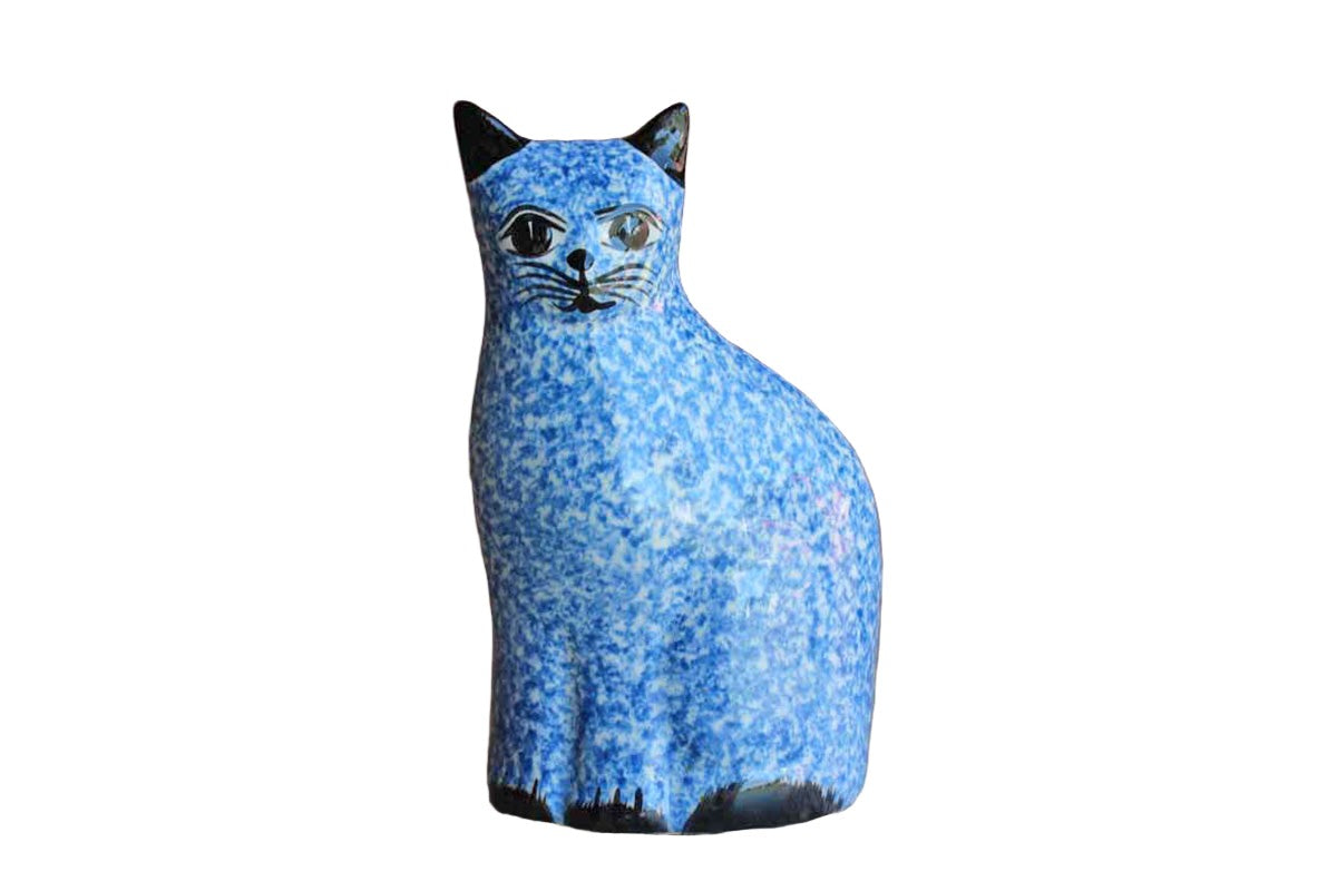 N.S. Gustin (California, USA) Blue Speckled Hand-Painted Ceramic Cat Statue