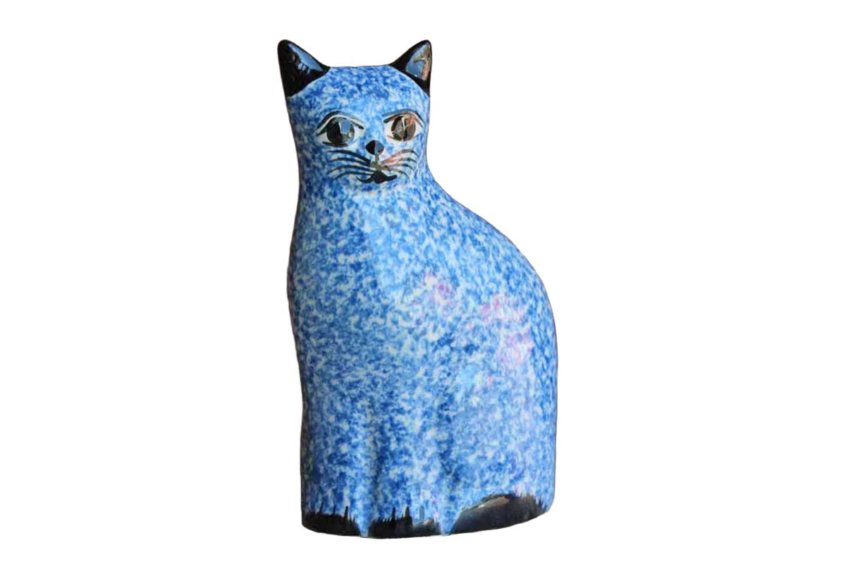 N.S. Gustin (California, USA) Blue Speckled Hand-Painted Ceramic Cat Statue