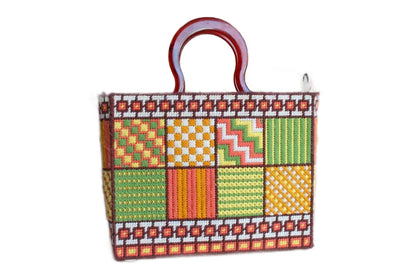 1977 Needlepoint on Plastic Canvas Tote Bag with Tortoiseshell Resin Handles
