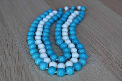 Triple Strand Choker Necklace with Blue and White Glass Beads