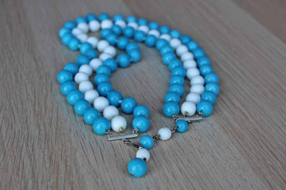 Triple Strand Choker Necklace with Blue and White Glass Beads