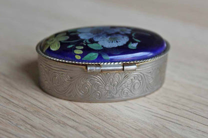 Silver Metal Hinged Pill Box with Blue Painted Floral Lid