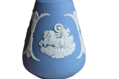 Wedgwood (England) Blue Jasperware "Cupid Asleep," "Aurora," and "Cupid as Oracle" Cameo Bud Vase