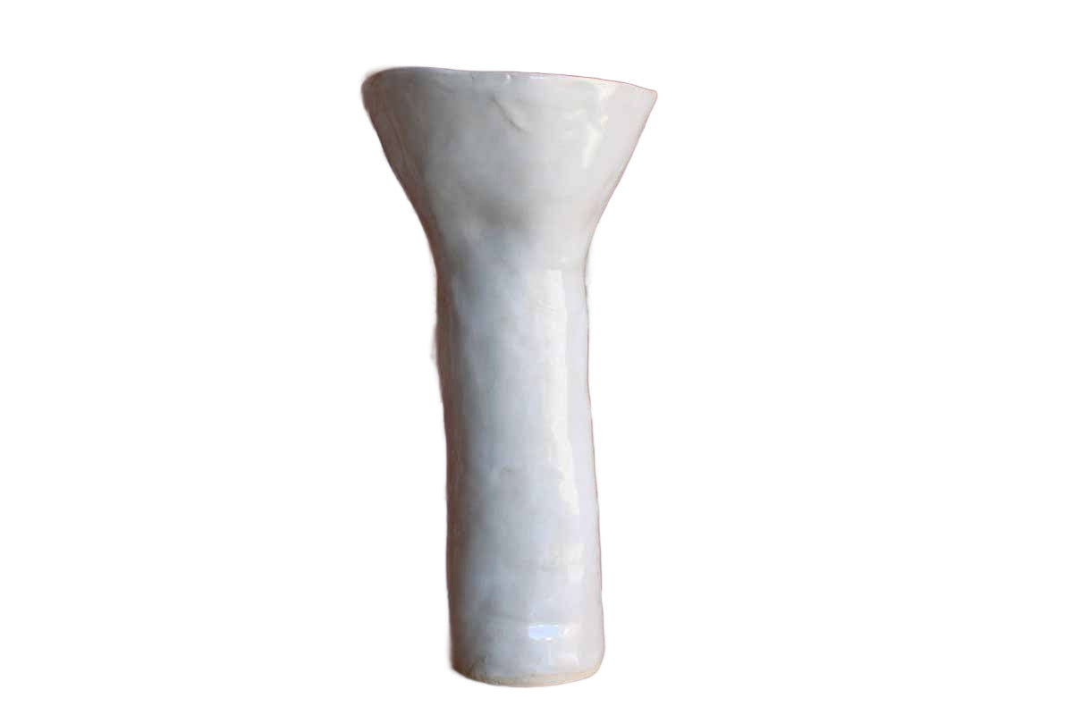Primitive Cylindrical White Stoneware Vase with Conical Top