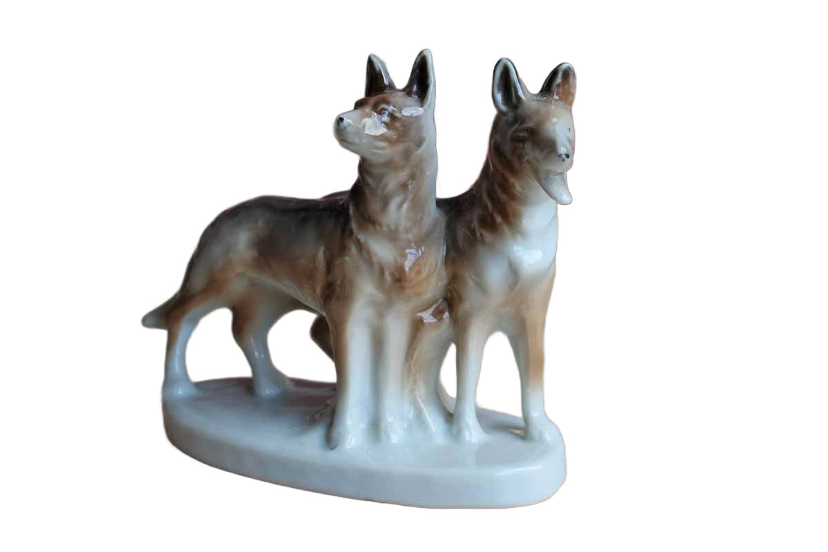 Porcelain Figurine of Two German Shepherds, Made in Japan