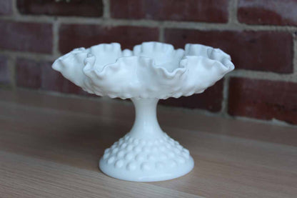 Fenton Art Glass (West Virginia, USA) White Hobnail Glass Ruffle-Edged Footed Compote