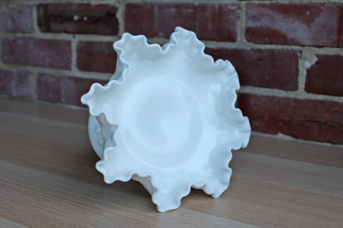 Fenton Art Glass (West Virginia, USA) White Hobnail Glass Ruffle-Edged Footed Compote