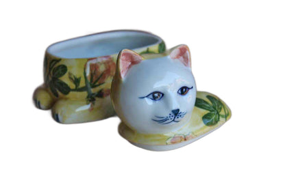 Colorful Lidded Ceramic Cat Trinket Box, Handcrafted in Thailand