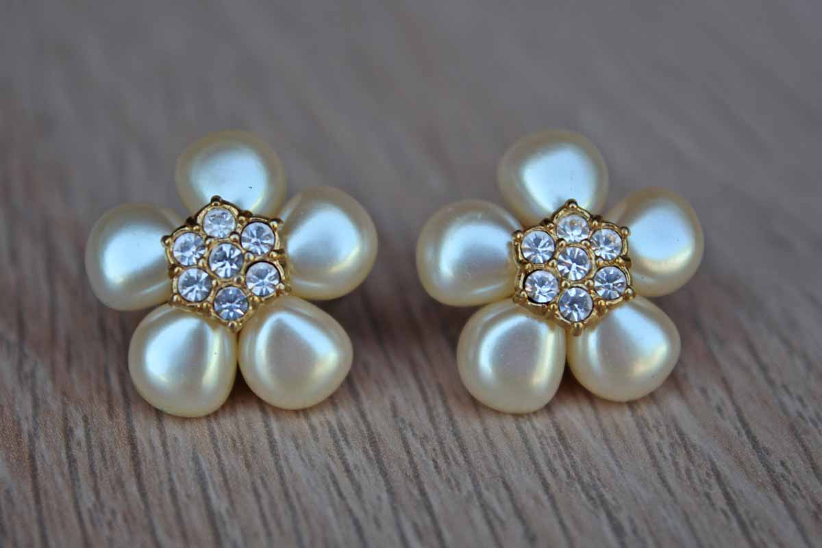 Faux Pearl and Diamond Flower Pierced Earrings with Gold Tone Petals