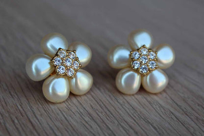 Faux Pearl and Diamond Flower Pierced Earrings with Gold Tone Petals