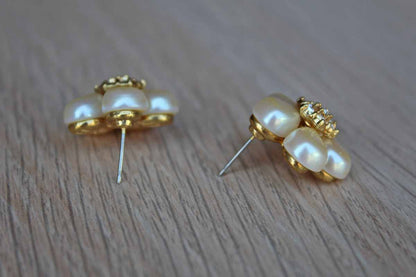 Faux Pearl and Diamond Flower Pierced Earrings with Gold Tone Petals