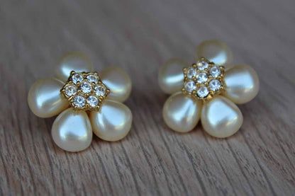 Faux Pearl and Diamond Flower Pierced Earrings with Gold Tone Petals