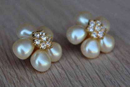 Faux Pearl and Diamond Flower Pierced Earrings with Gold Tone Petals