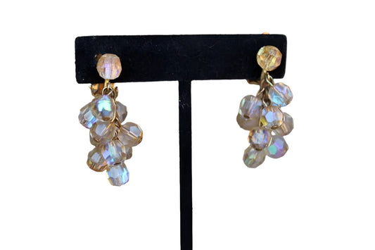 Aurora Borealis Beaded Cluster Dangling Non-Pierced Earrings
