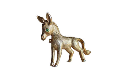 Gold Tone Metal Donkey Brooch with Green Rhinestone Eye