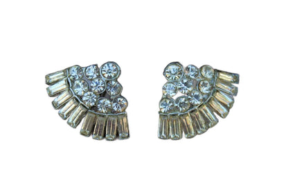 Fan Shaped Silver Round and Baguette Rhinestone Scatter Pins, A Pair