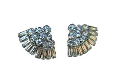 Fan Shaped Silver Round and Baguette Rhinestone Scatter Pins, A Pair