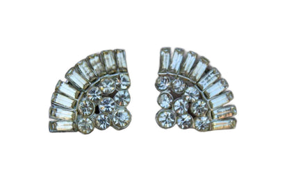 Fan Shaped Silver Round and Baguette Rhinestone Scatter Pins, A Pair