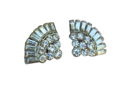 Fan Shaped Silver Round and Baguette Rhinestone Scatter Pins, A Pair