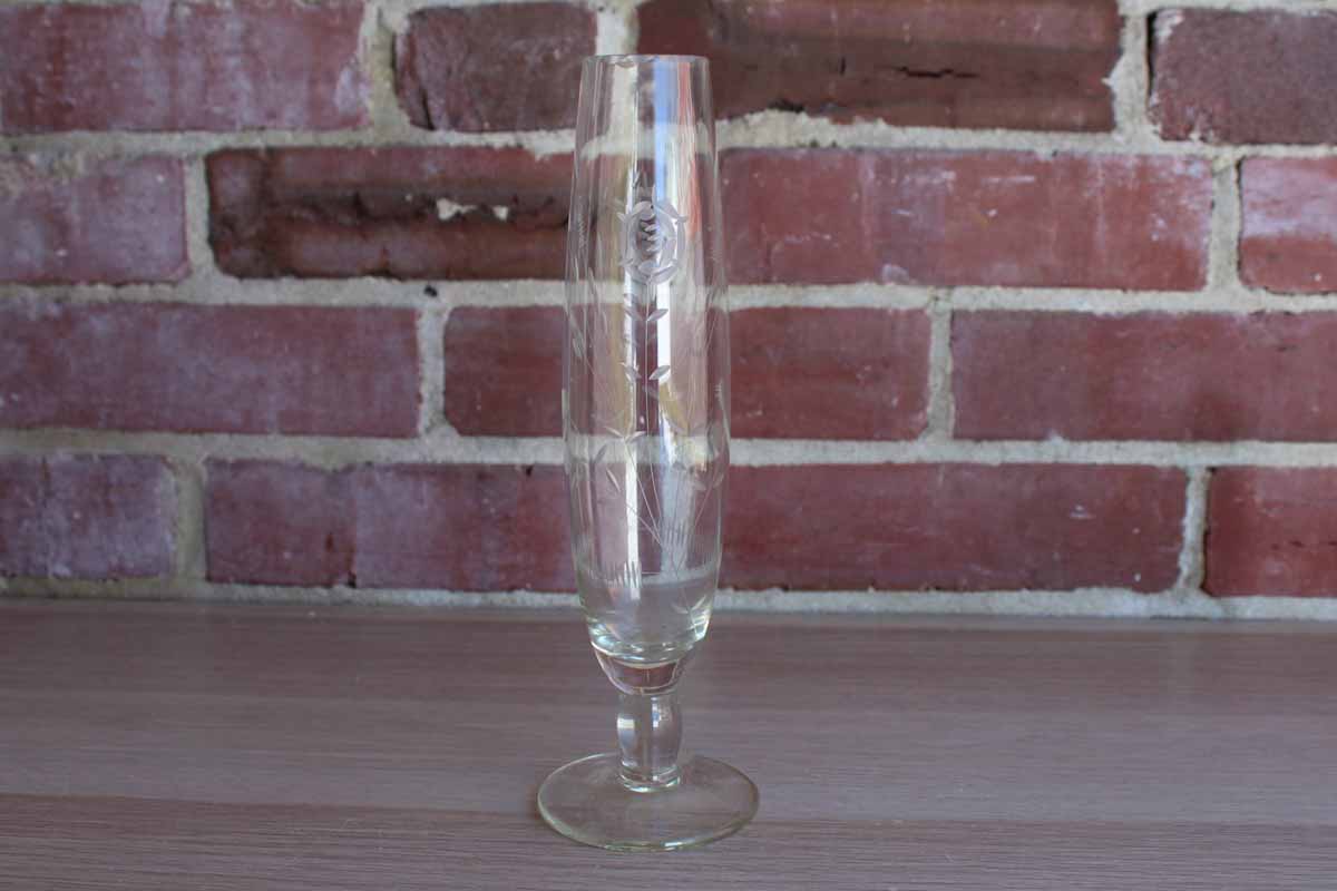 Clear Pedestal Bud Vase with Eteched Flowers and Scalloped Rim