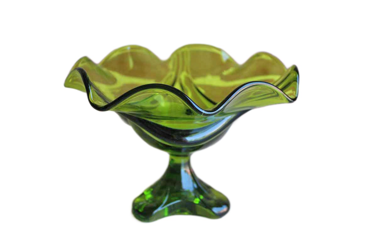 Viking Art Glass (West Virginia, USA) Avocado Green Pedestal Bowl with Wavy Flared Rim