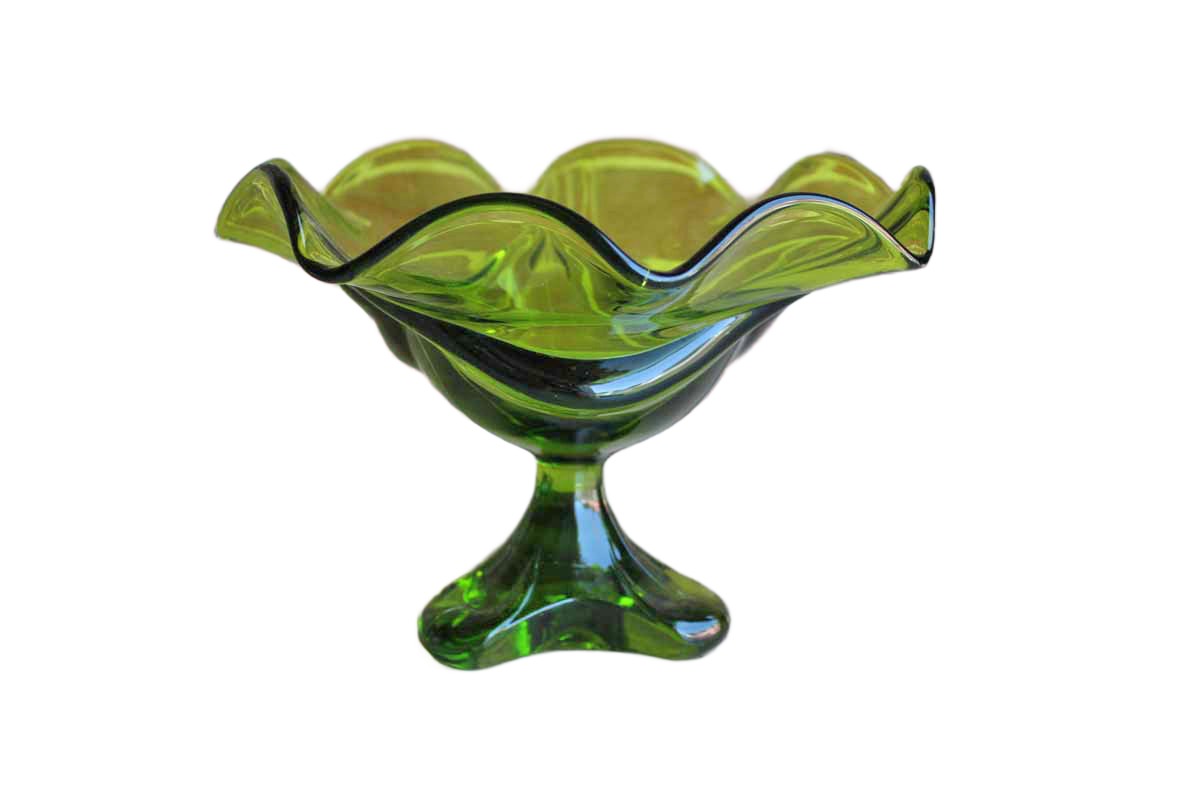 Viking Art Glass (West Virginia, USA) Avocado Green Pedestal Bowl with Wavy Flared Rim