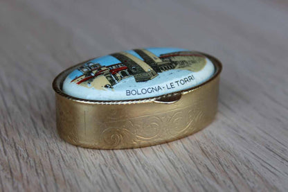 Ceramic Pill Box with Hinged Lid Decorated with the Two Towers of Bologna, Italy