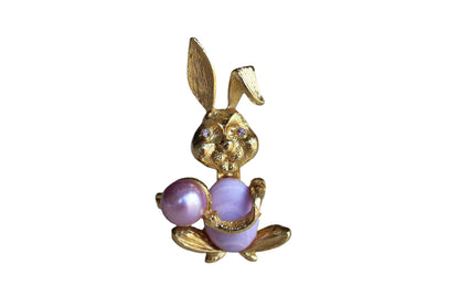 Gold Tone Bunny Brooch with Purple Stone Body and Purple Rhinestone Eyes
