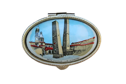 Ceramic Pill Box with Hinged Lid Decorated with the Two Towers of Bologna, Italy