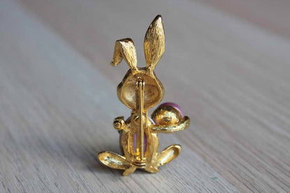 Gold Tone Bunny Brooch with Purple Stone Body and Purple Rhinestone Eyes