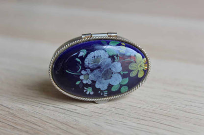 Silver Metal Hinged Pill Box with Blue Painted Floral Lid