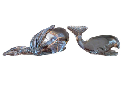 Clear Solid Glass Whale Paperweights, A Pair