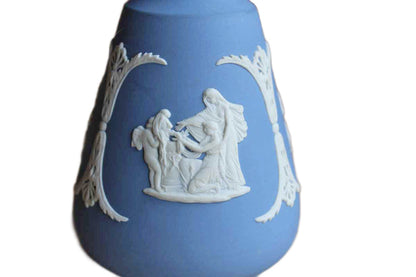 Wedgwood (England) Blue Jasperware "Cupid Asleep," "Aurora," and "Cupid as Oracle" Cameo Bud Vase