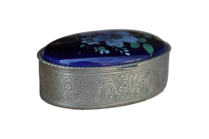 Silver Metal Hinged Pill Box with Blue Painted Floral Lid