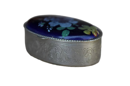 Silver Metal Hinged Pill Box with Blue Painted Floral Lid