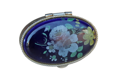 Silver Metal Hinged Pill Box with Blue Painted Floral Lid