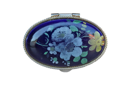 Silver Metal Hinged Pill Box with Blue Painted Floral Lid