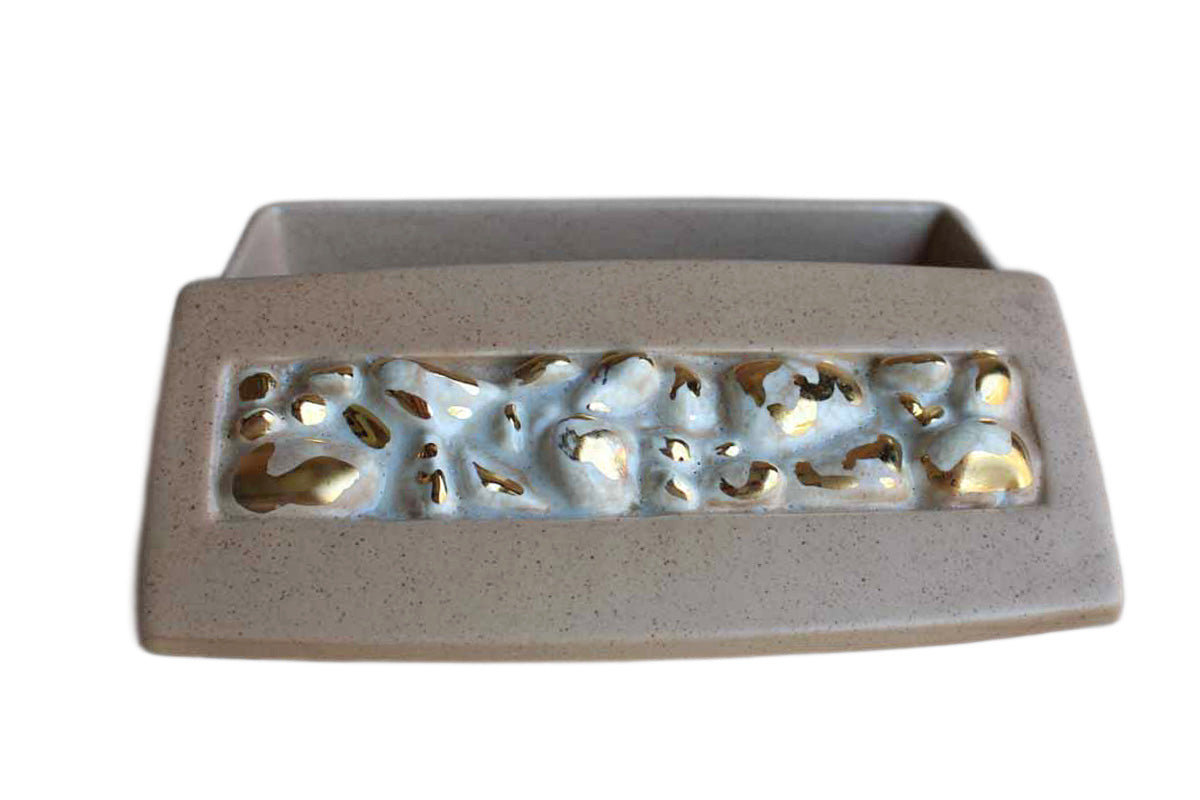Speckled Brown Ceramic Lidded Dish with Gold Cluster Design on Lid