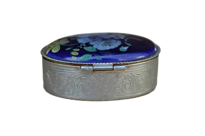 Silver Metal Hinged Pill Box with Blue Painted Floral Lid